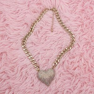Chunky Gold Heart Necklace Rhinestone Pendant Statement Jewelry Chain Necklace